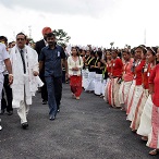 The Governor designate Shri JP Rajkhowa greeted by cultural troupes from various tribes on his arrival at Raj Bhawan helipad, Itanagar on 30th May 2015